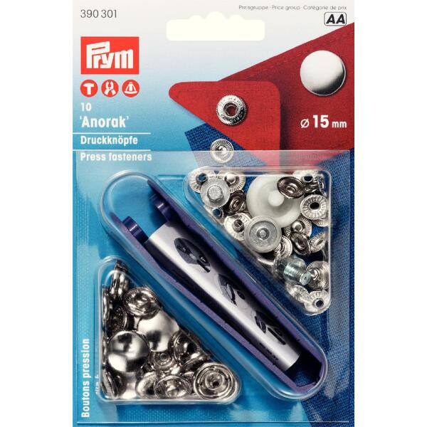 Trykknapper anorak 10 stk x 15 mm sølv